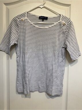 Jones New York White & Black Striped Boatneck Tee with Shoulder Buttons
